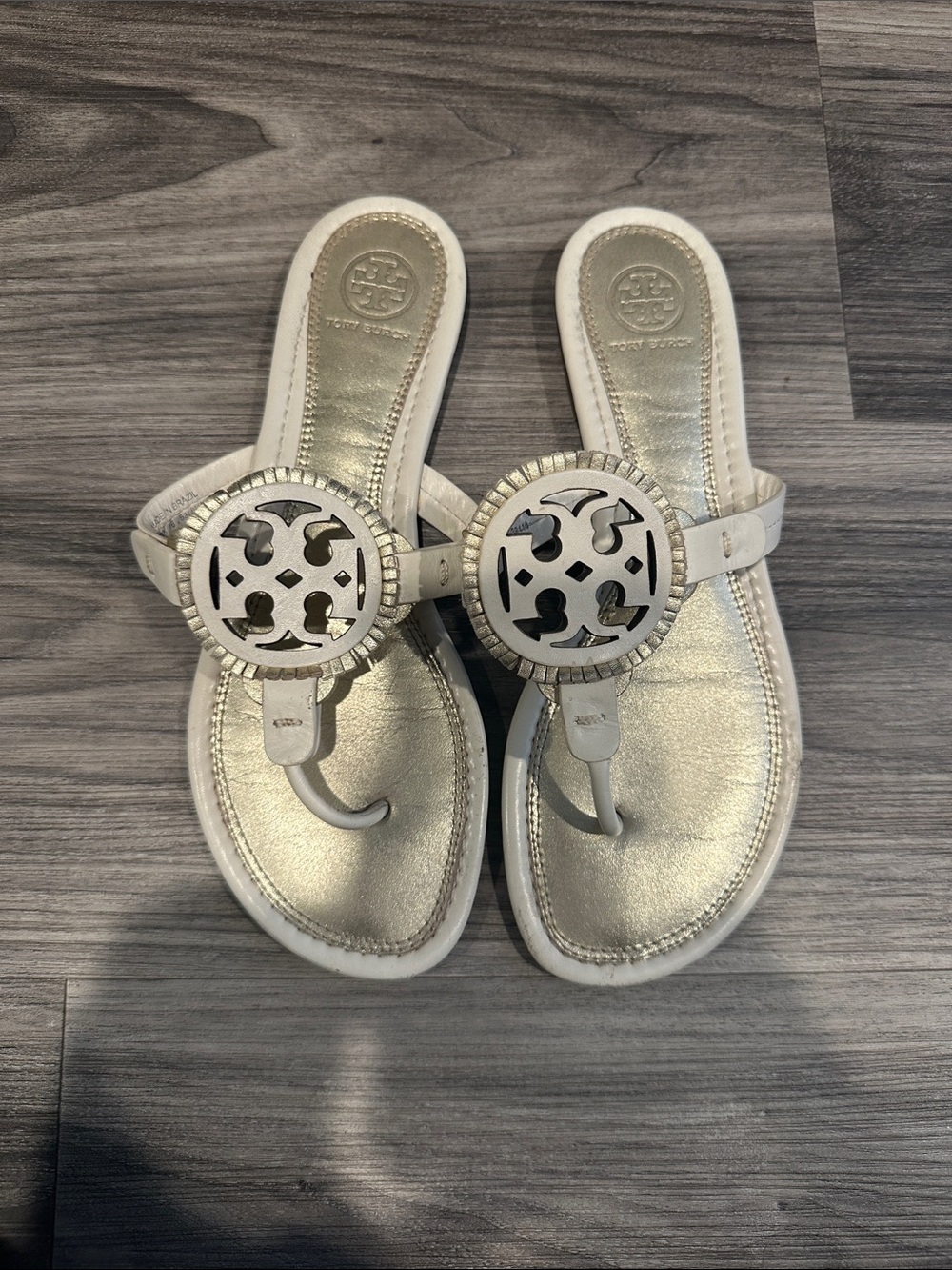 Tory Burch Metallic Gold and White Logo Thong Sandals